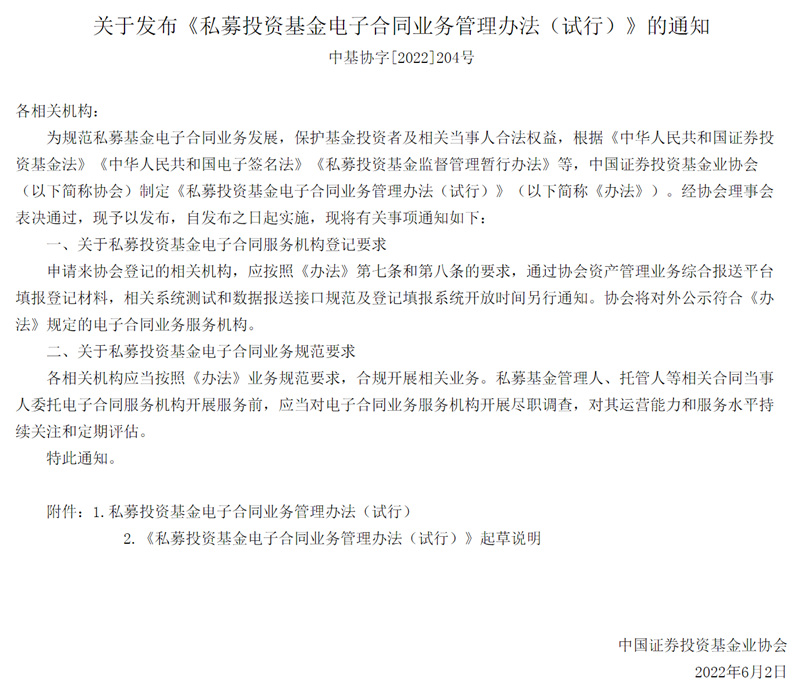 關于發布《私募投資基金電子合同業務管理辦法（試行）》的通知
