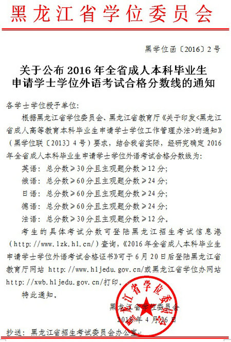 2016年黑龍江省學(xué)位英語考試合格分?jǐn)?shù)線
