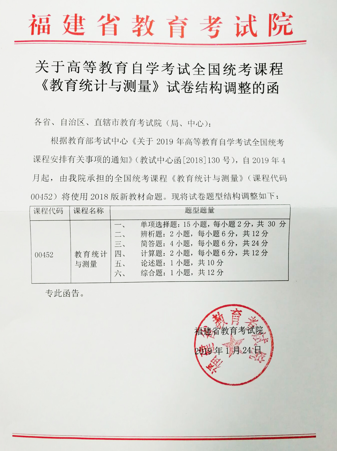 2019年全國統(tǒng)考課程《教育統(tǒng)計(jì)與測量》試卷結(jié)構(gòu)調(diào)整通知